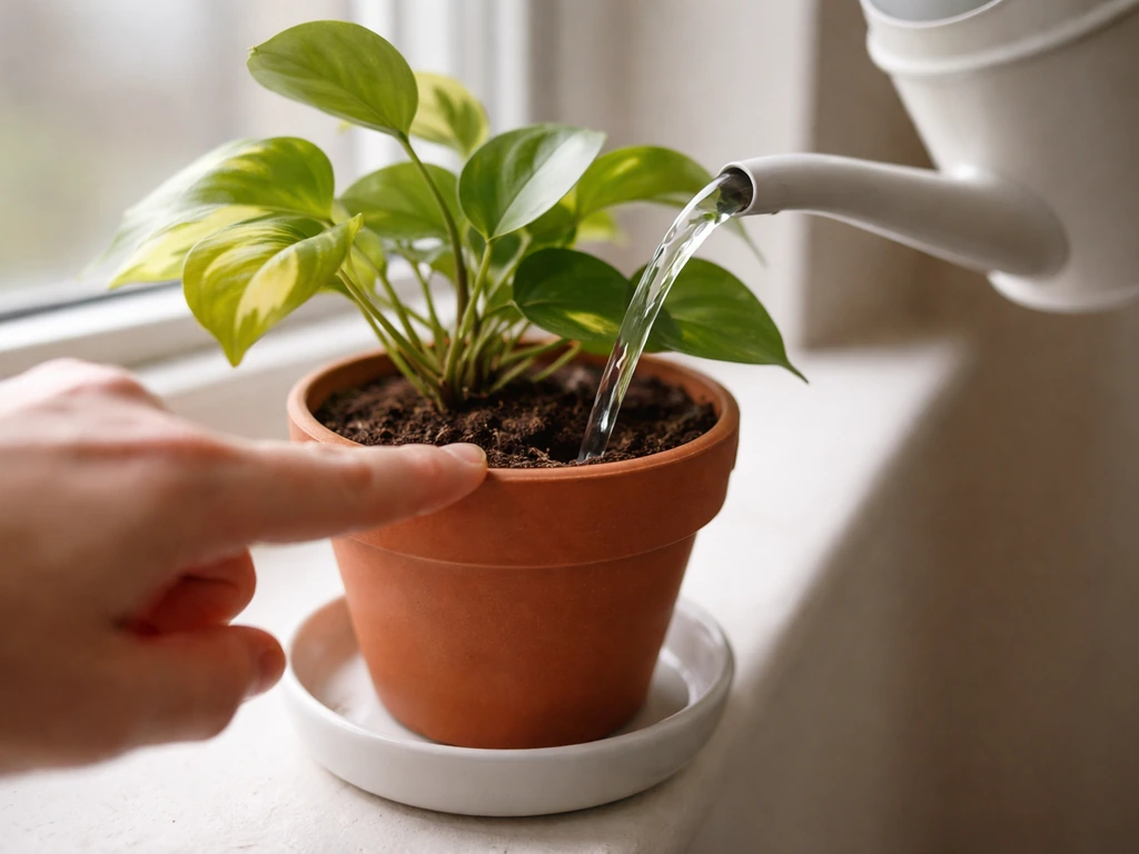 Hand checks soil dryness while a watering can pours water into a small pot with a drainage saucer below.