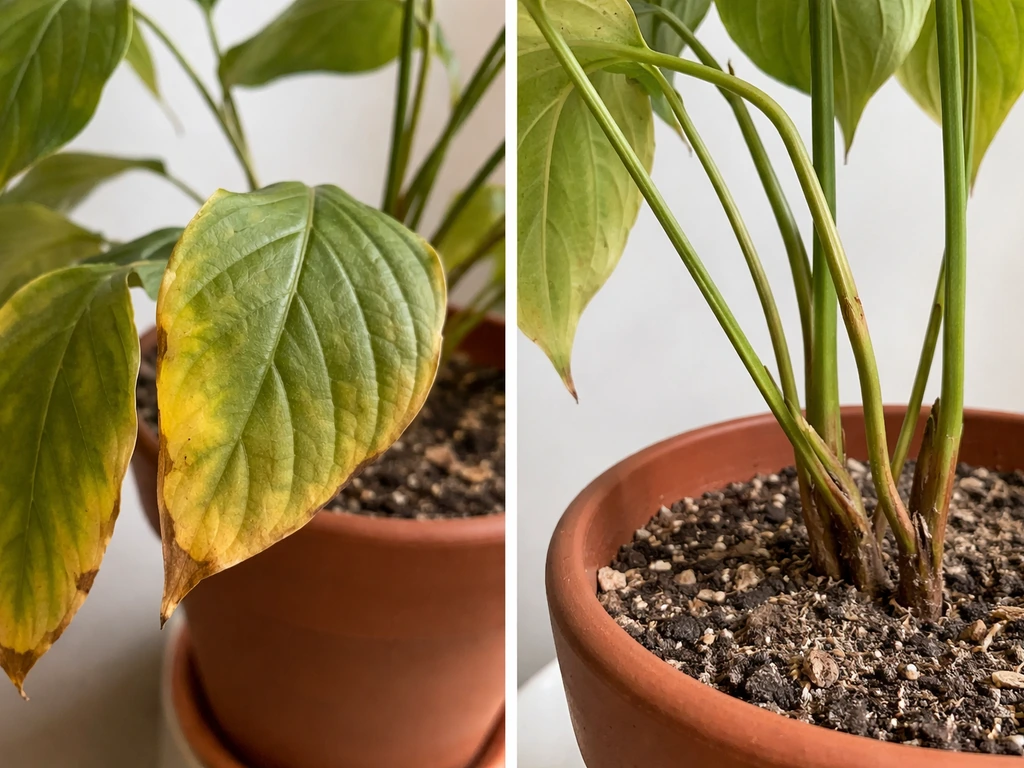 Close-up of yellowing plant leaves beside a side view showing leggy growth and stressed roots with soil visible