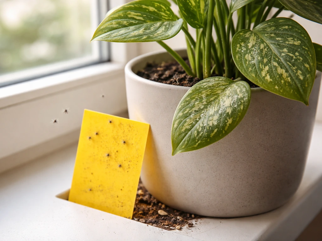Sticky yellow trap beside an indoor plant with leaves showing powdery mildew and spotting.