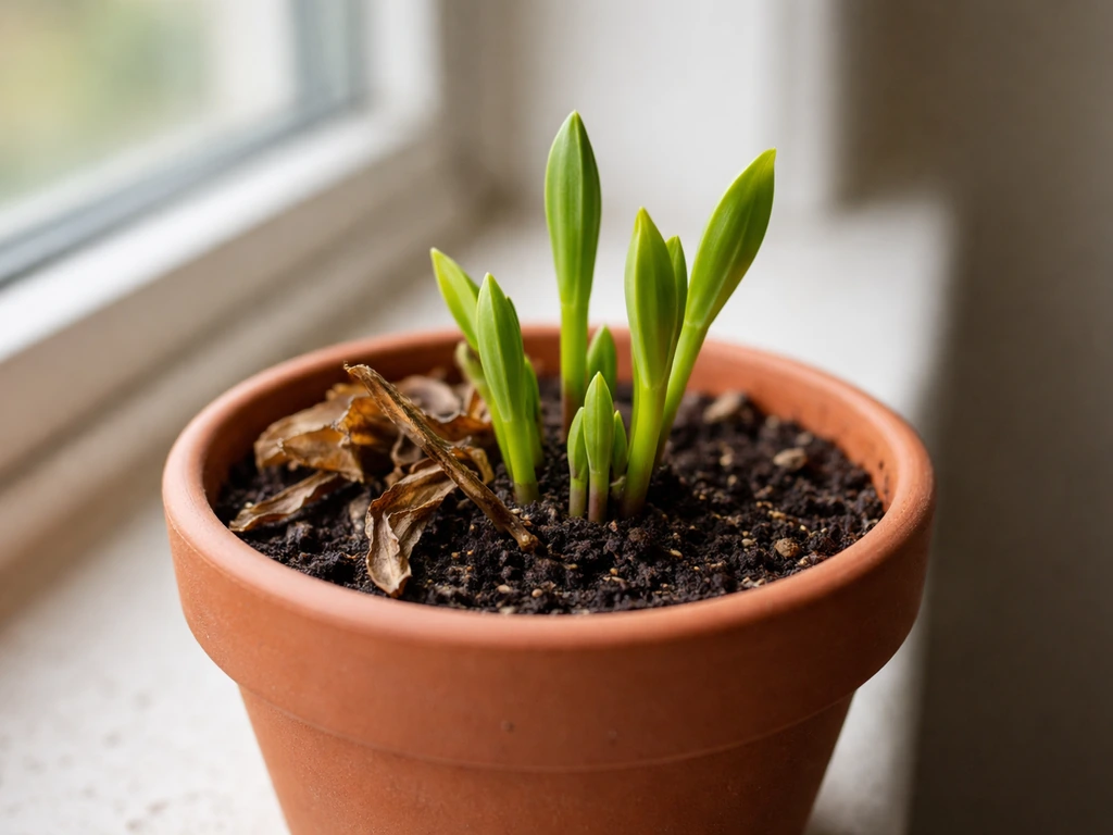 Close-up of a potted houseplant showing trimmed dead leaves and fresh green sprouts.