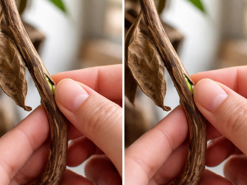 Close-up of hands doing a scratch test on a wilted plant stem, revealing green tissue after scratching.