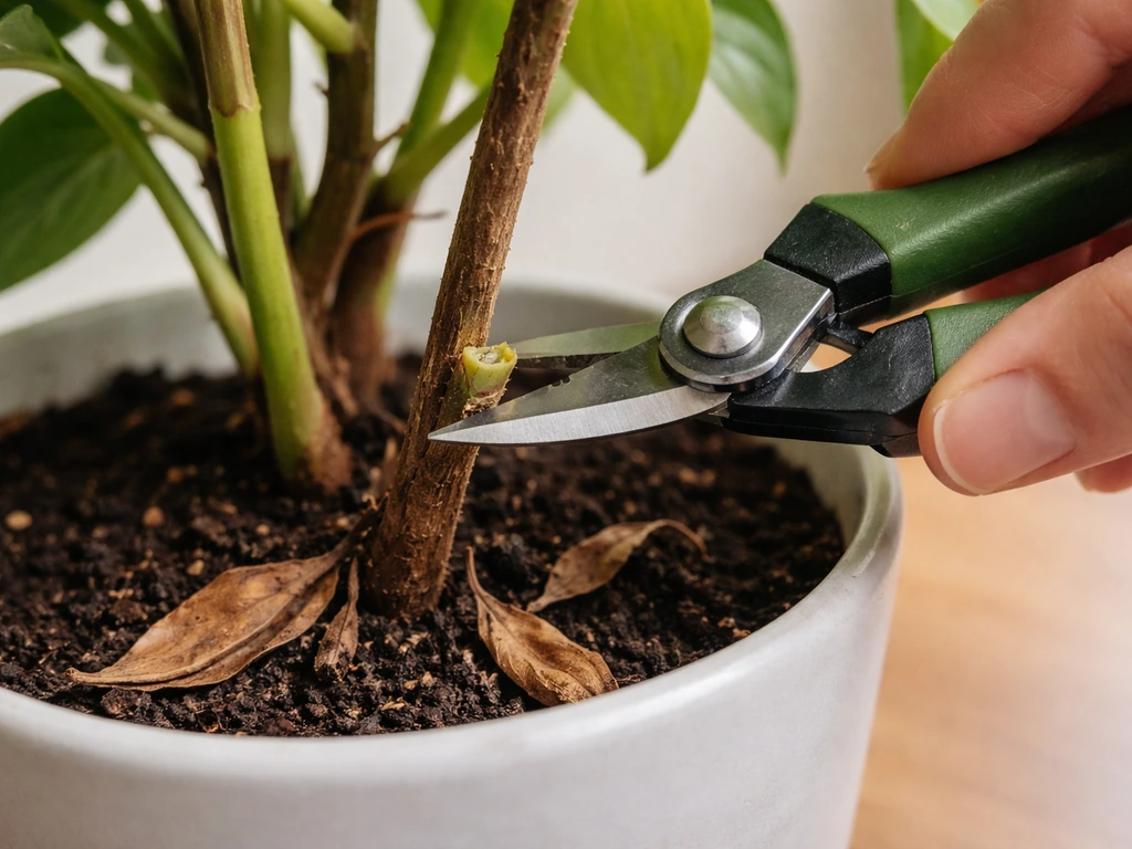 Close-up of a houseplant pruning dead stems, cut just above a living node with green cambium visible