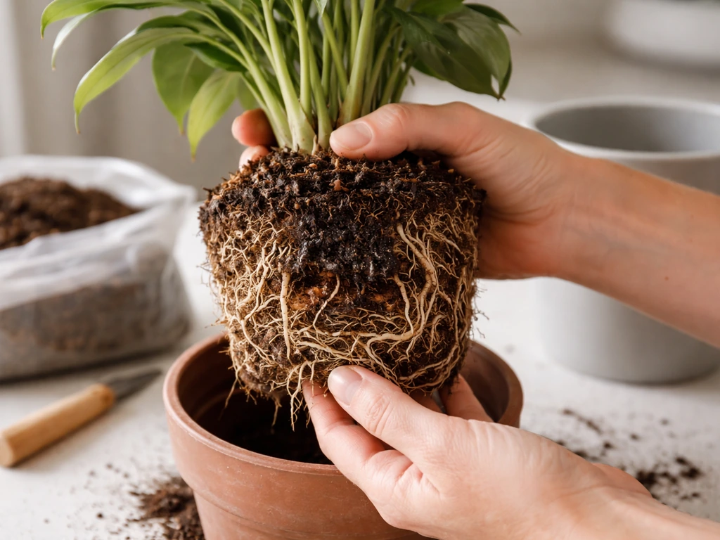Close-up of a potted plant being removed, roots inspected, then placed near fresh sterile potting mix
