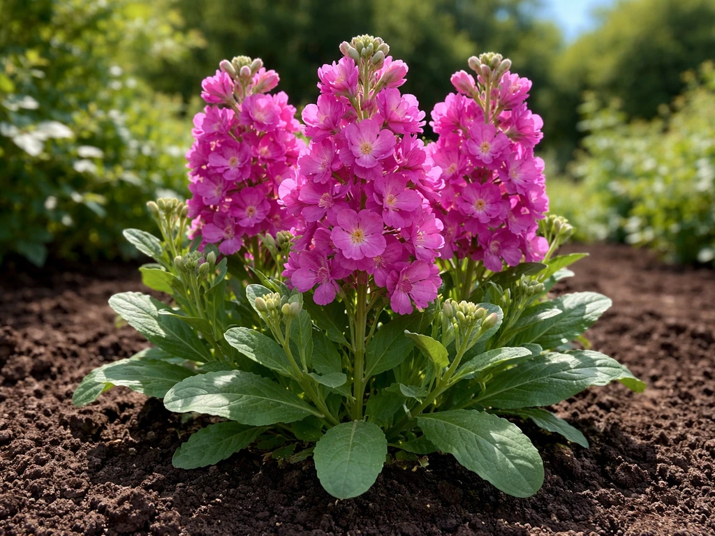 Bright full-sun garden with blooming stock plants and spiky flower clusters, cool-season feel