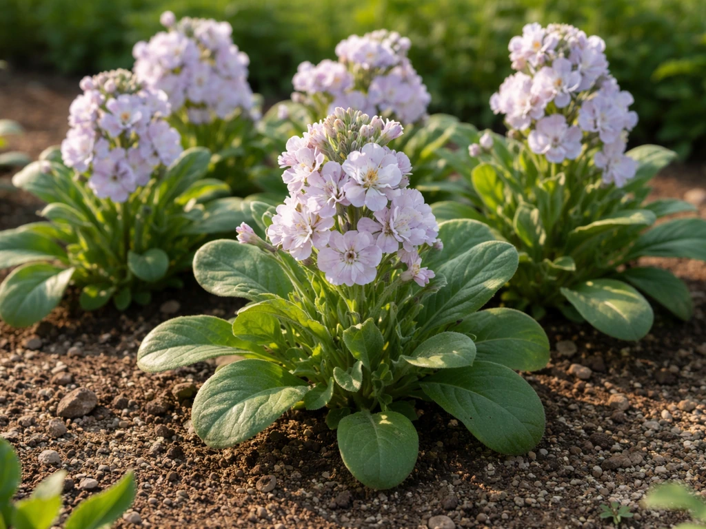 Sunlit stock plants in a small garden bed with healthy green foliage and visible blooms.