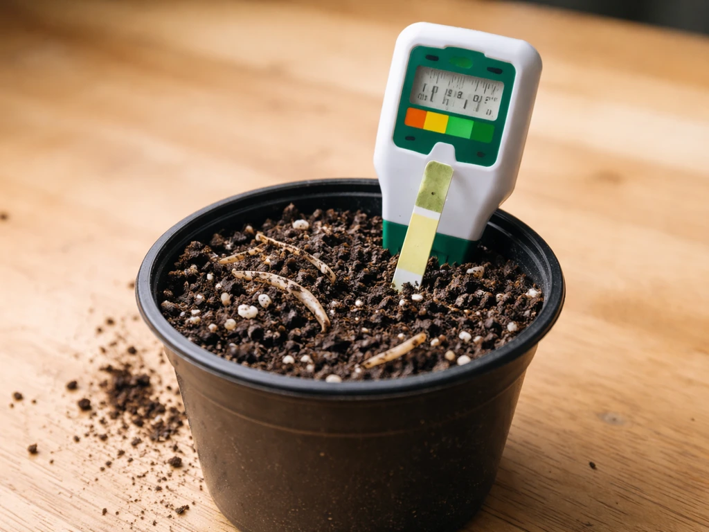 Soil test setup with pH strip beside stock plant roots on a wooden surface.