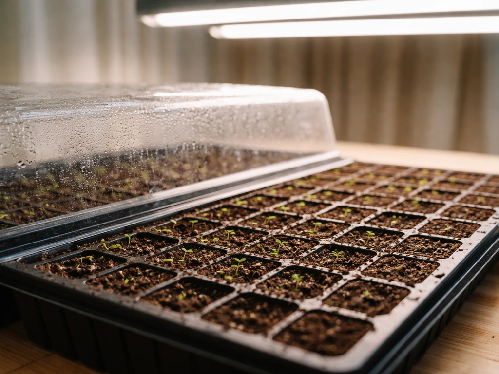 Small seed tray with individual cells and emerging seedlings under indoor grow lights