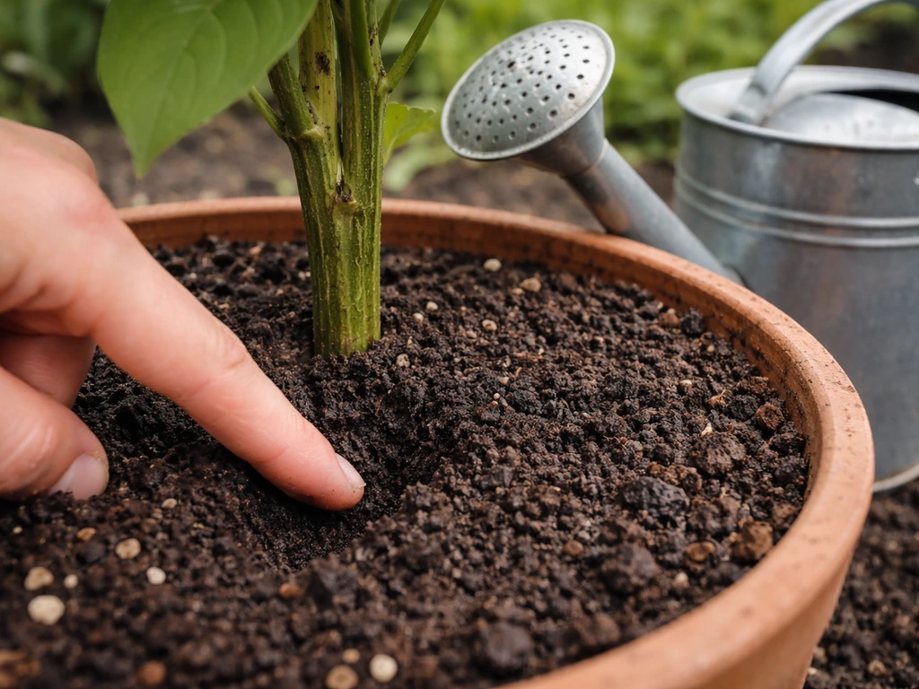 Finger gently pokes soil about an inch deep near a plant base with a watering can nearby.