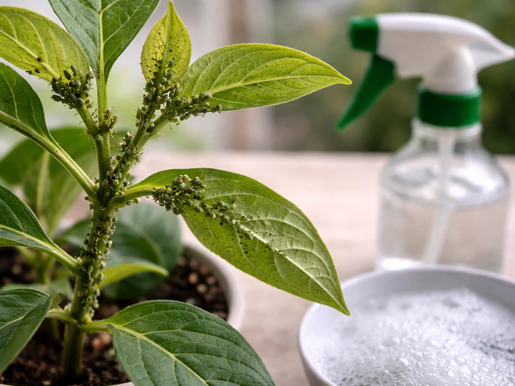 Close-up of aphids clustering on new plant growth with a nearby spray bottle and soapy-water setup.