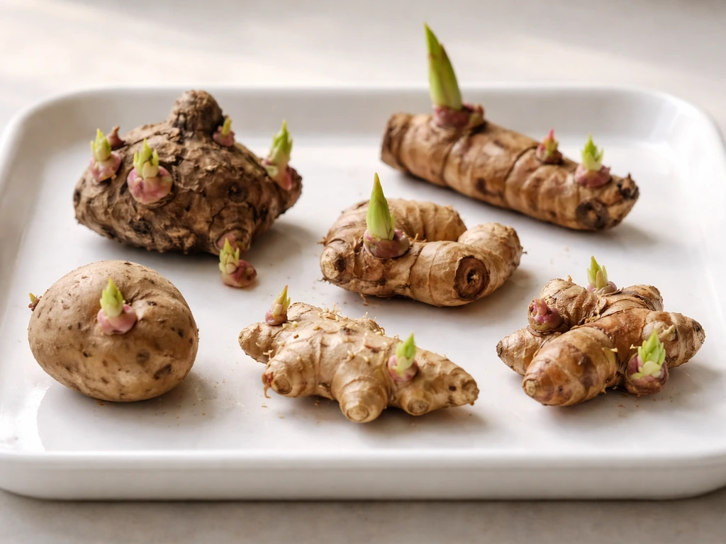 Dormant tuber and rhizome sections with visible eyes and small shoots emerging on a clean surface