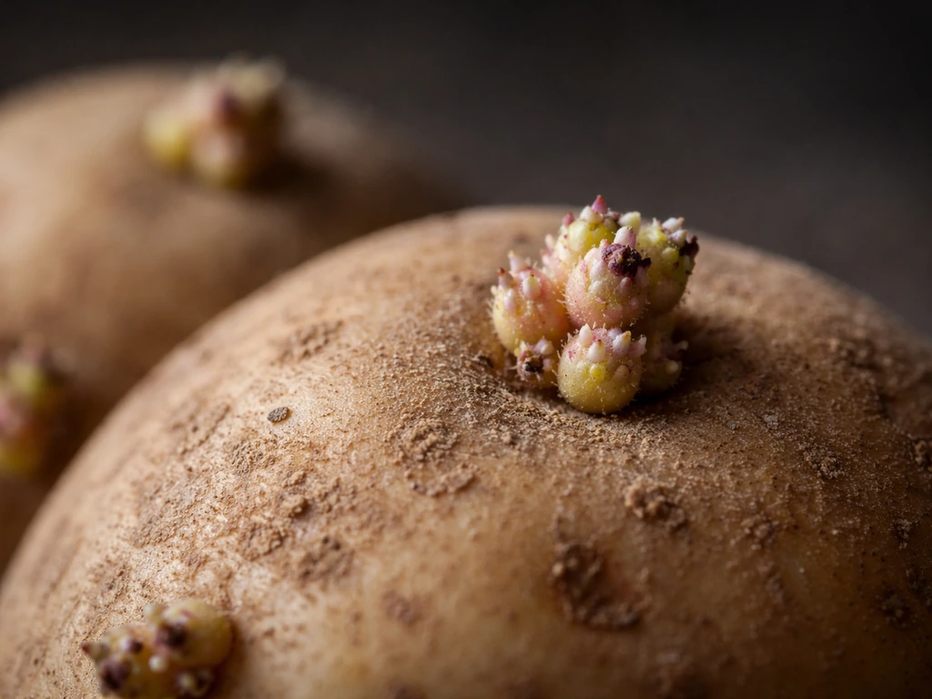 Close-up of a potato tuber showing dormant eyes with one bud cluster highlighted by focus