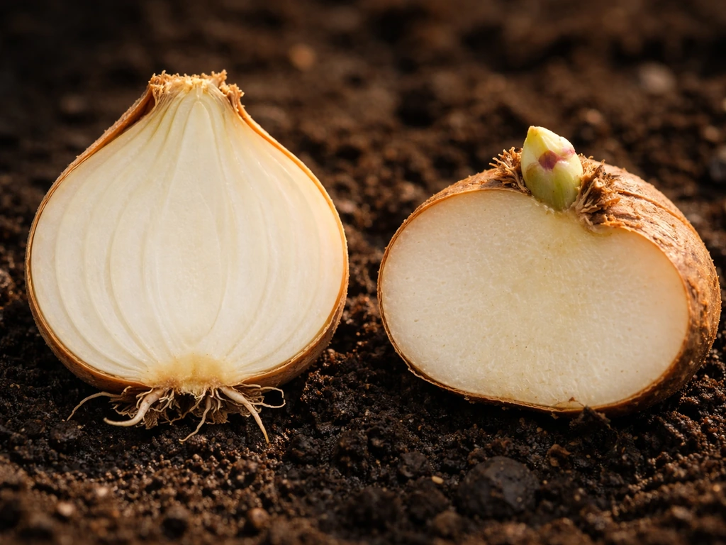 Close-up of a sliced true bulb and a corm offset showing growth points, on dark soil.