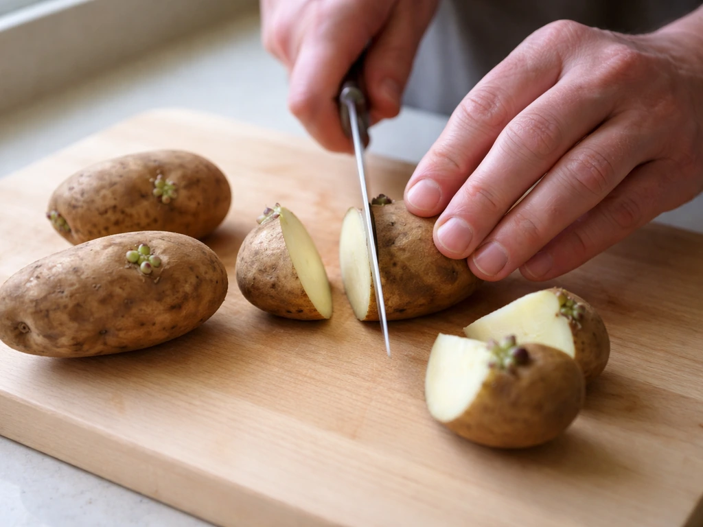 A clean knife cutting a seed potato into sections with visible eyes on a kitchen counter.