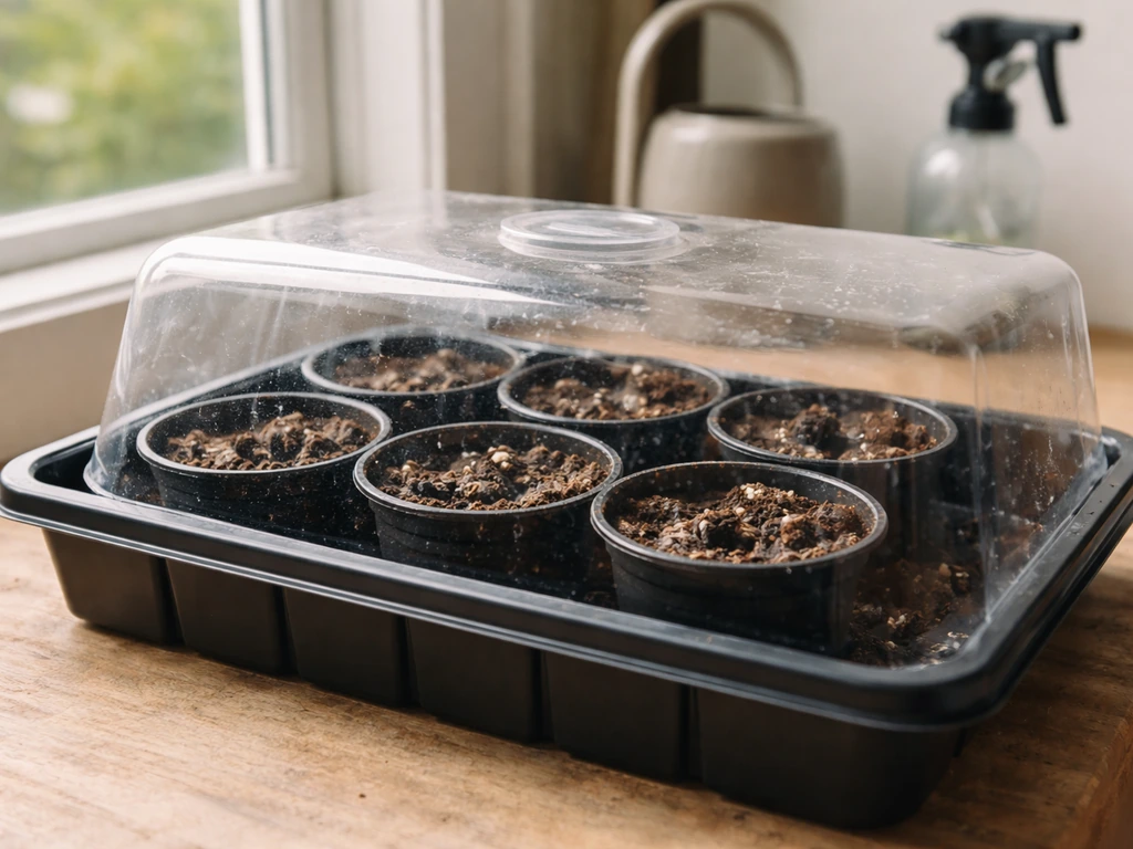 Shallow pots in moist, well-draining soil under a clear humidity cover near a bright window.
