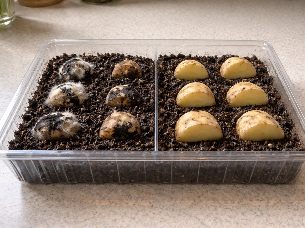 Seed tray with cut tuber pieces—some rotted with fuzzy mold, others healthy and clean.