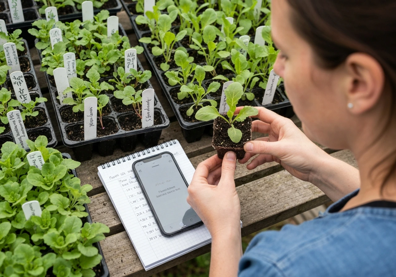 Choosing seedlings by leaf color and health from trays