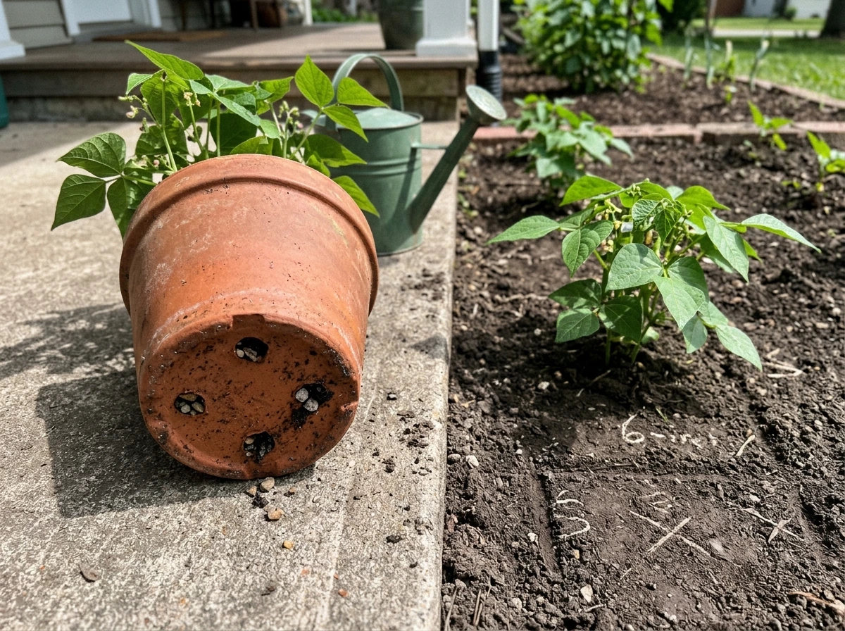 Drainage-hole container planting beside in-ground bed