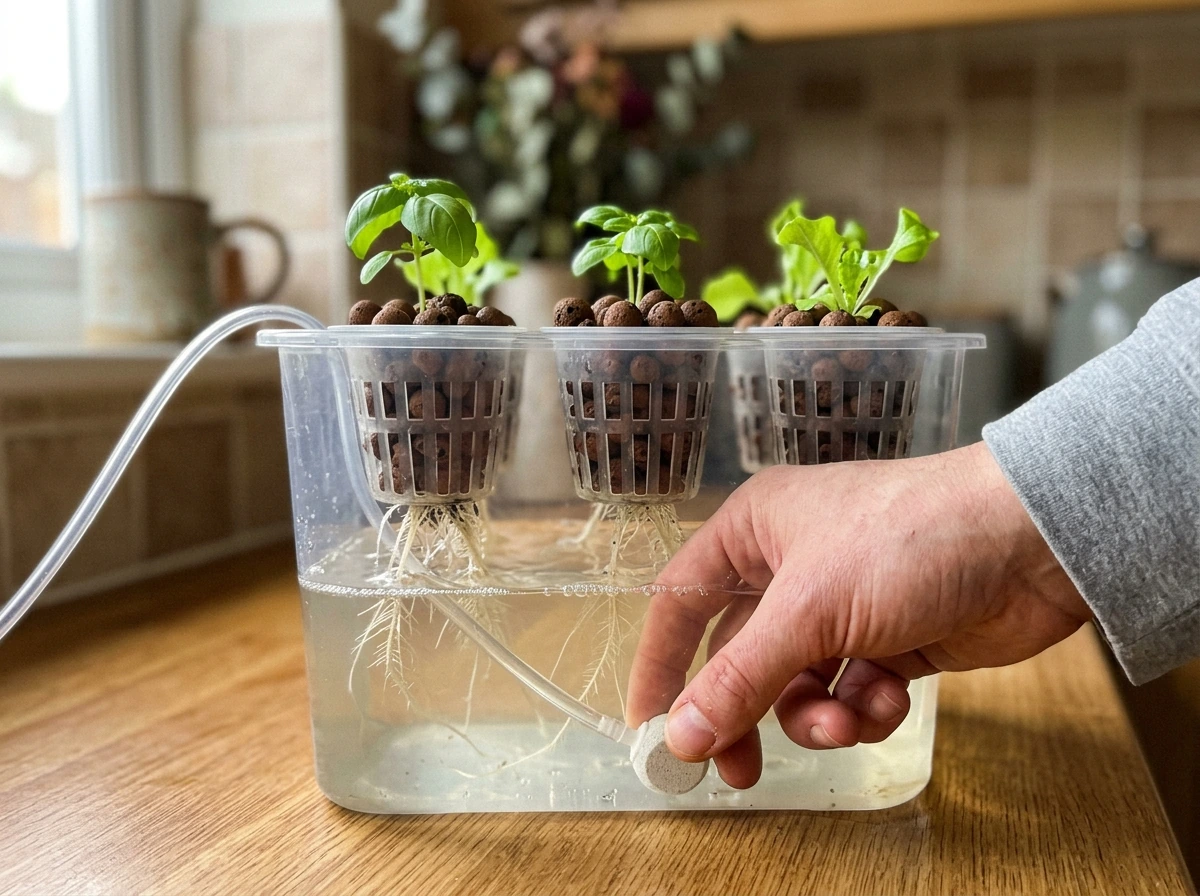 Seedlings with roots in a hydroponic nutrient reservoir