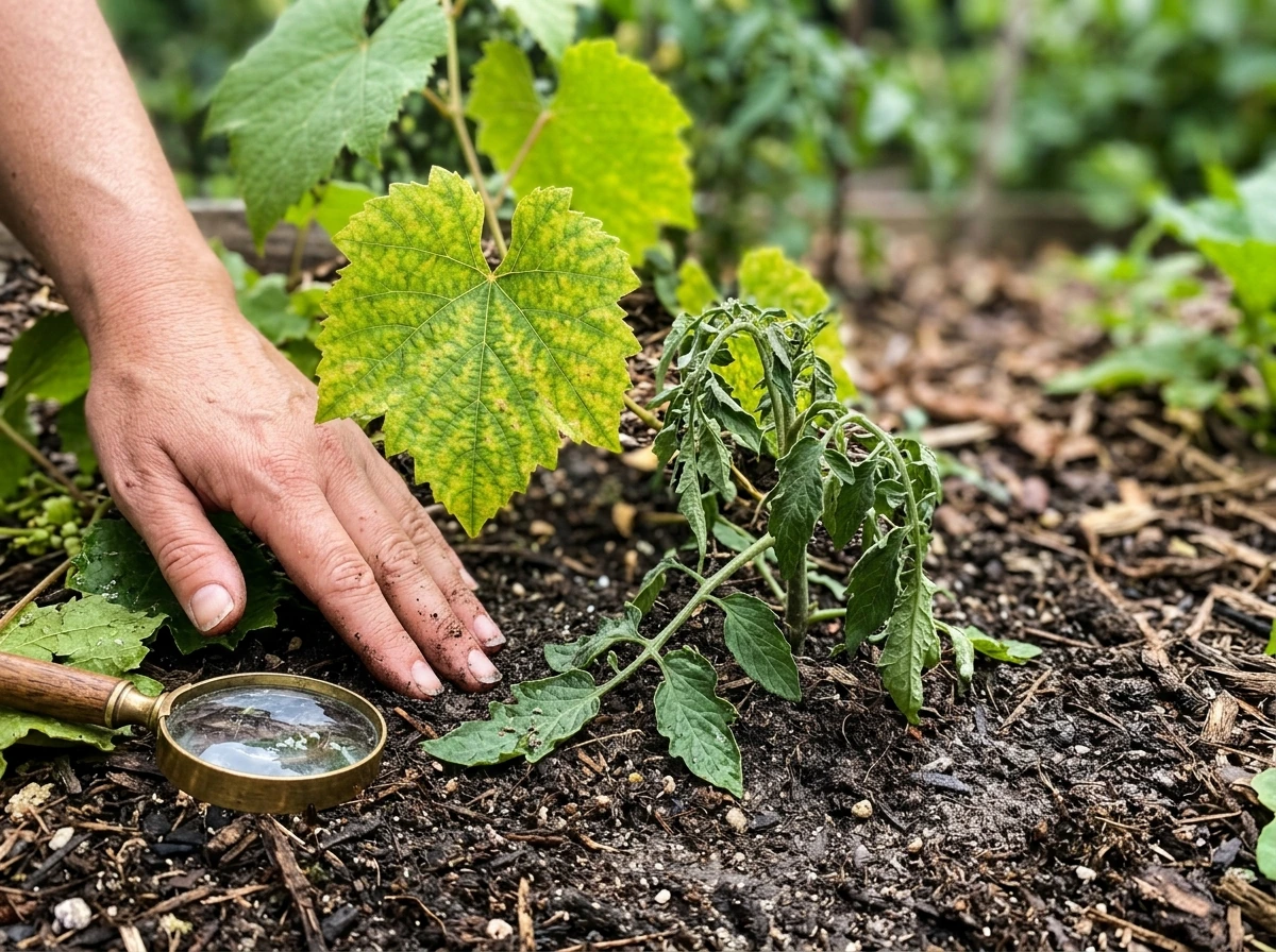Yellow and wilting plant leaves with soil moisture check