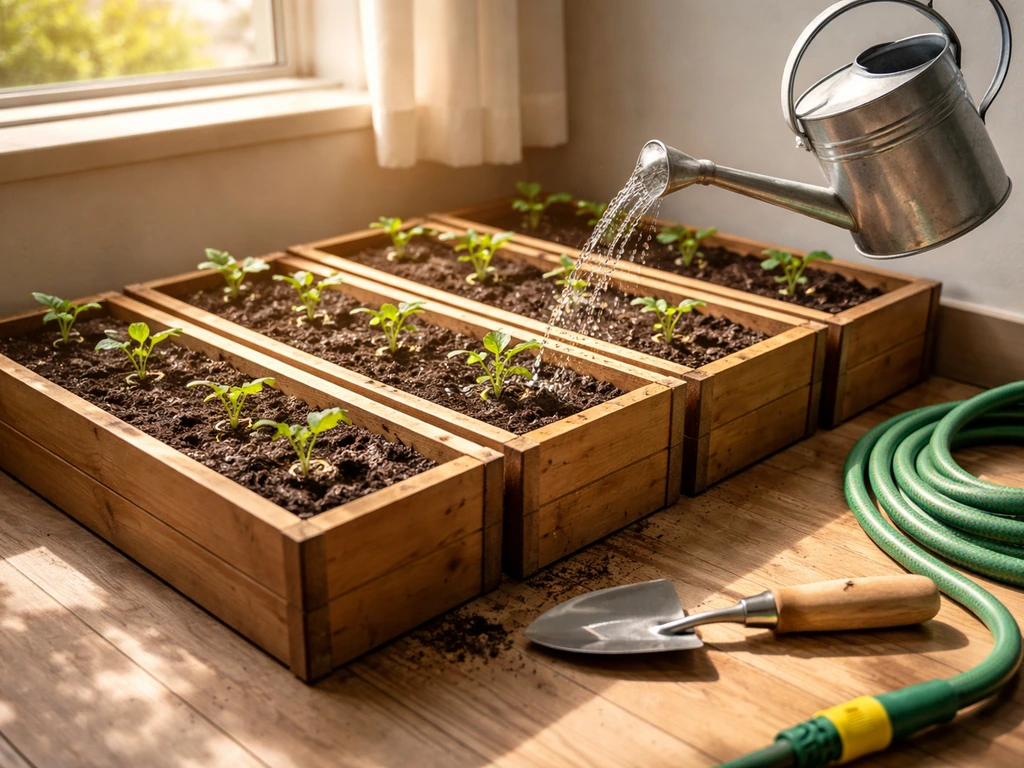 Minimal indoor garden setup with planters, fresh sprouts, and water stream over dark soil.