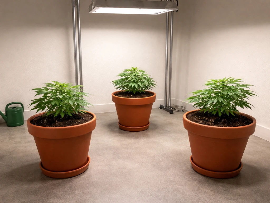 A tidy indoor grow area with three planters spaced for easy walking and watering access