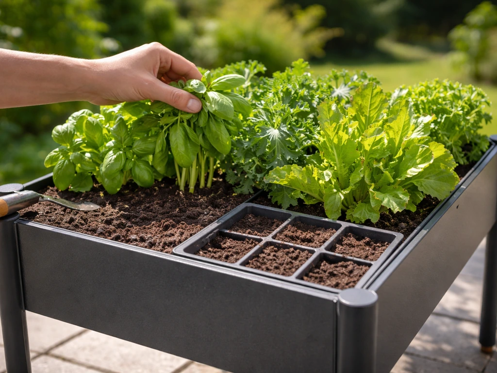 Close-up of a home garden planter being harvested and resetting with fresh soil ready for a new seed