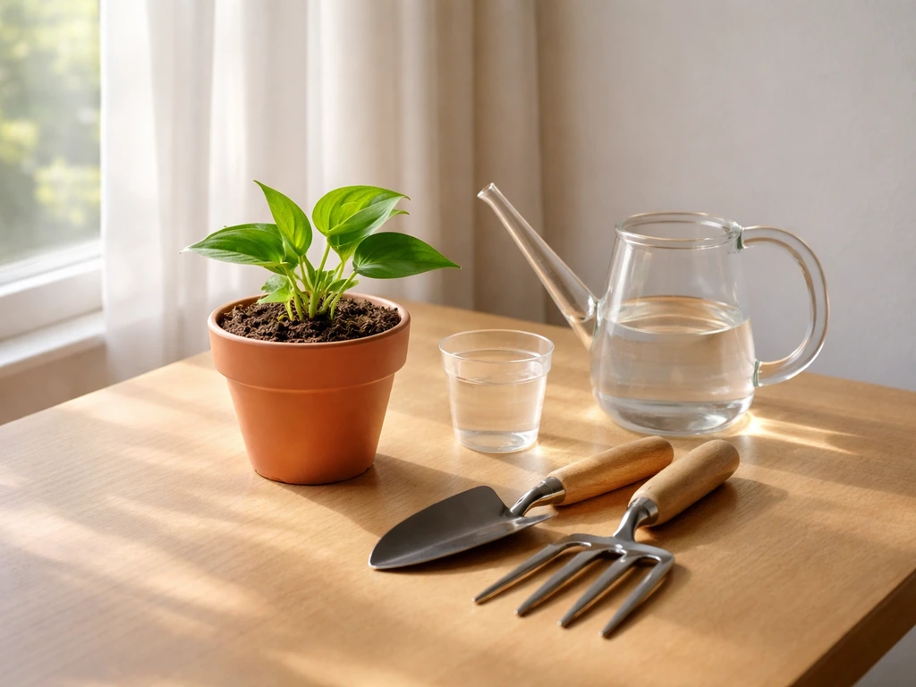 Small potted plant by a sunny window with watering can and simple gardening tools on a table.