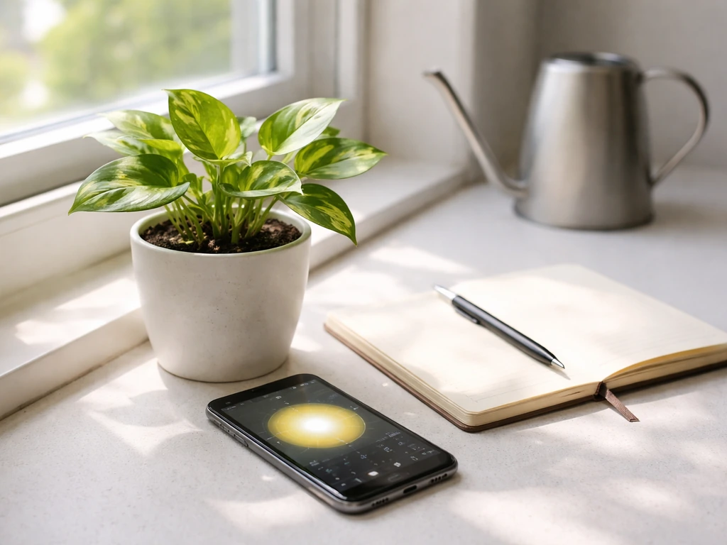 Small potted plant by a window with a phone light-meter and watering tools for a quick reality check.