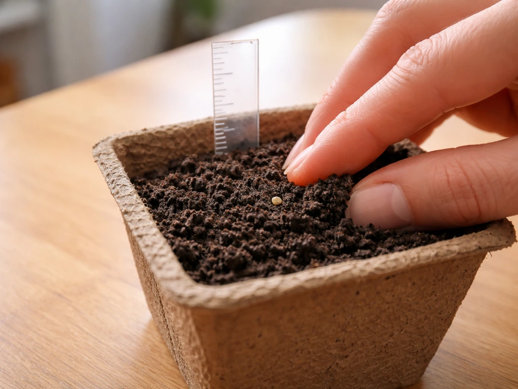 Hand gently covers a tiny seed in potting soil with a ruler beside to show proper seeding depth.