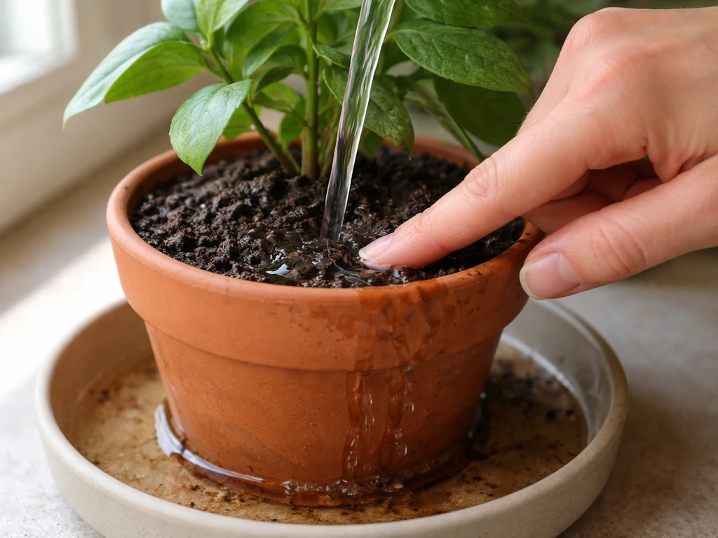 Hand waters a potted plant thoroughly until water drains into a catch tray, then checks soil moisture.