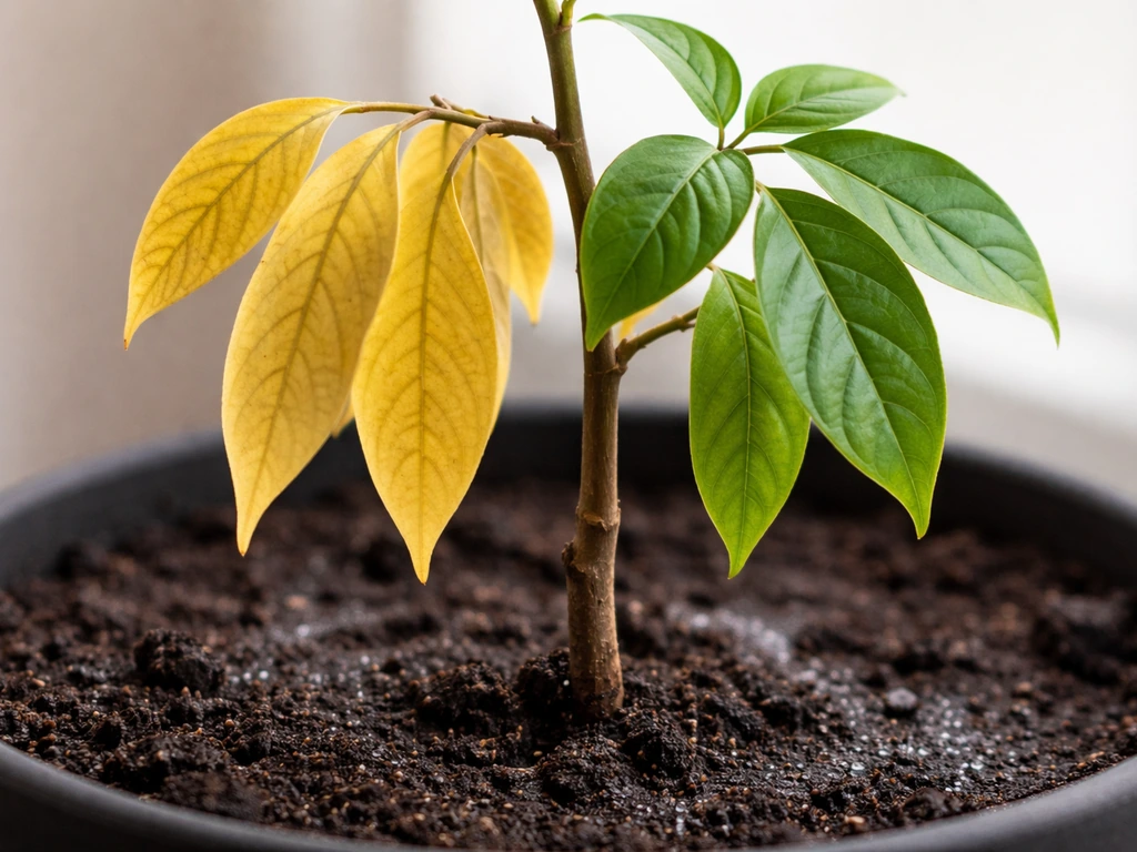 Close-up of a potted plant showing yellow drooping leaves beside healthy green leaves in natural light