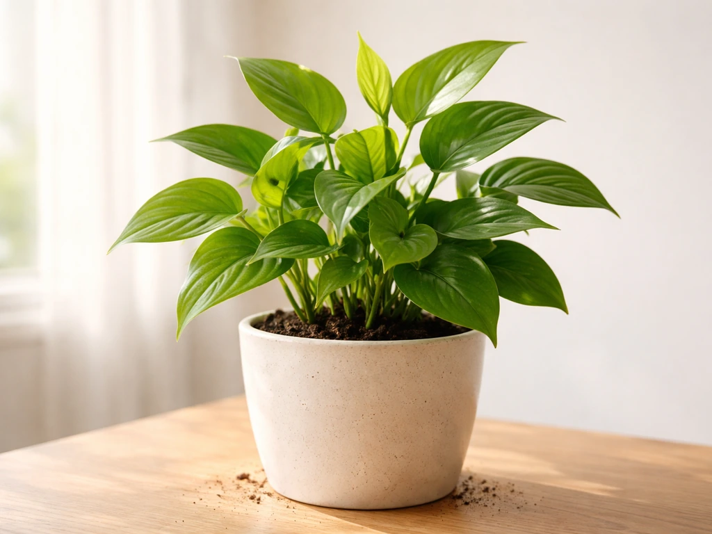 Close-up of a vibrant indoor houseplant with fresh new leaves in bright window light.