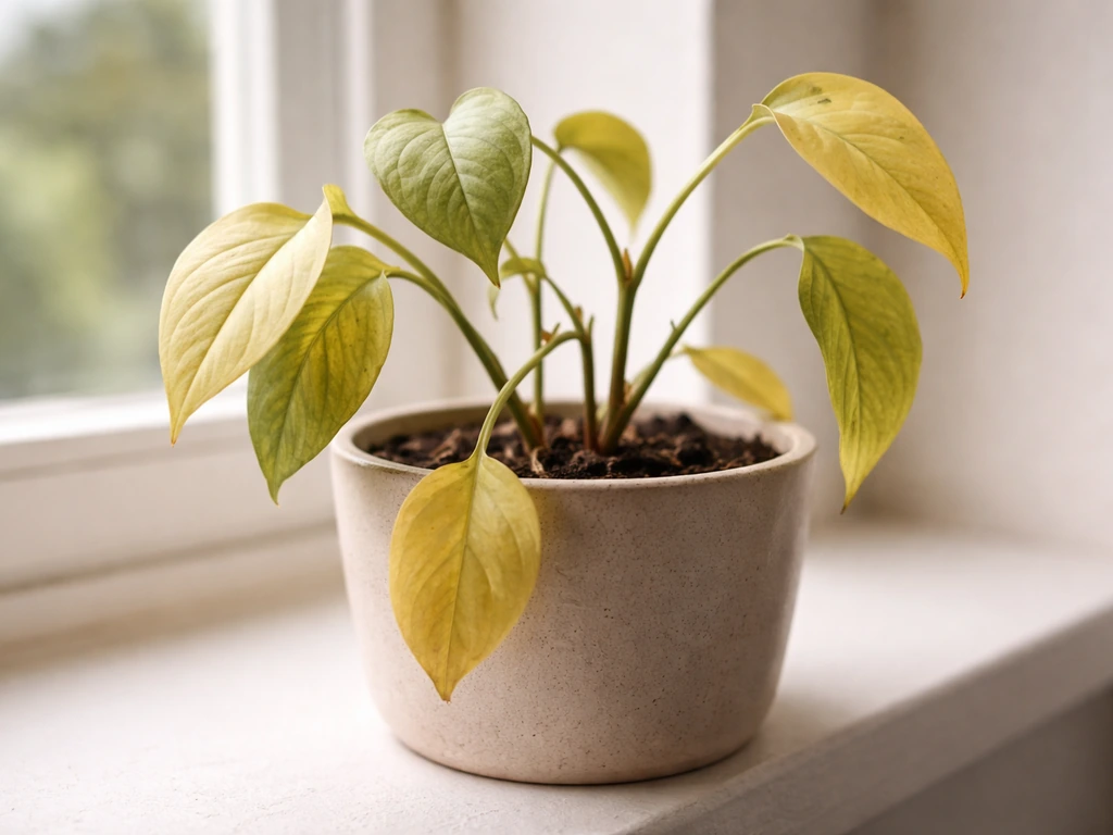 Close-up of a potted houseplant with pale/yellow leaves and slightly leggy stems by a window.