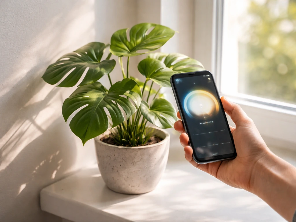 Hand holds a phone lux meter at plant height beside sunny leaves on a windowsill.
