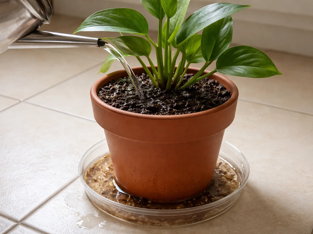 Slowly pouring water into a potted plant until water drains out of the bottom into a saucer.