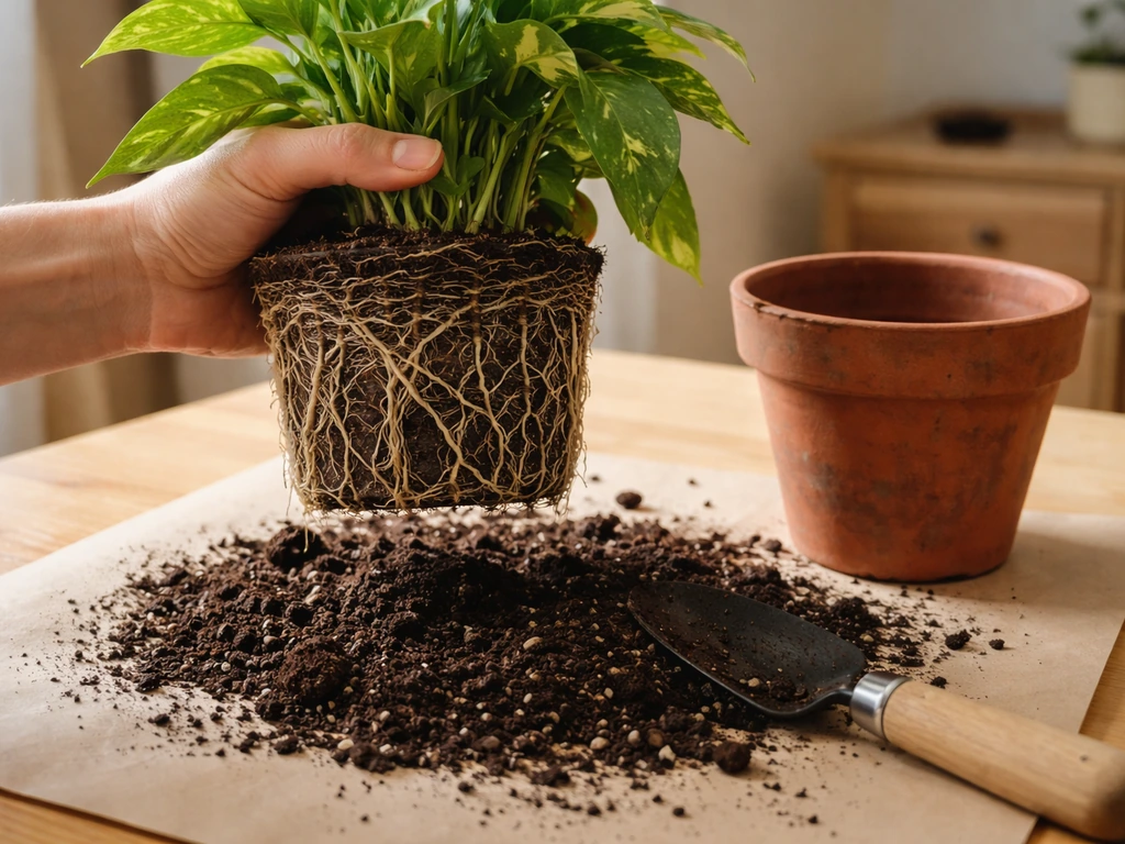 Hand lifts a rootbound plant from a pot, revealing circling roots with fresh soil nearby.
