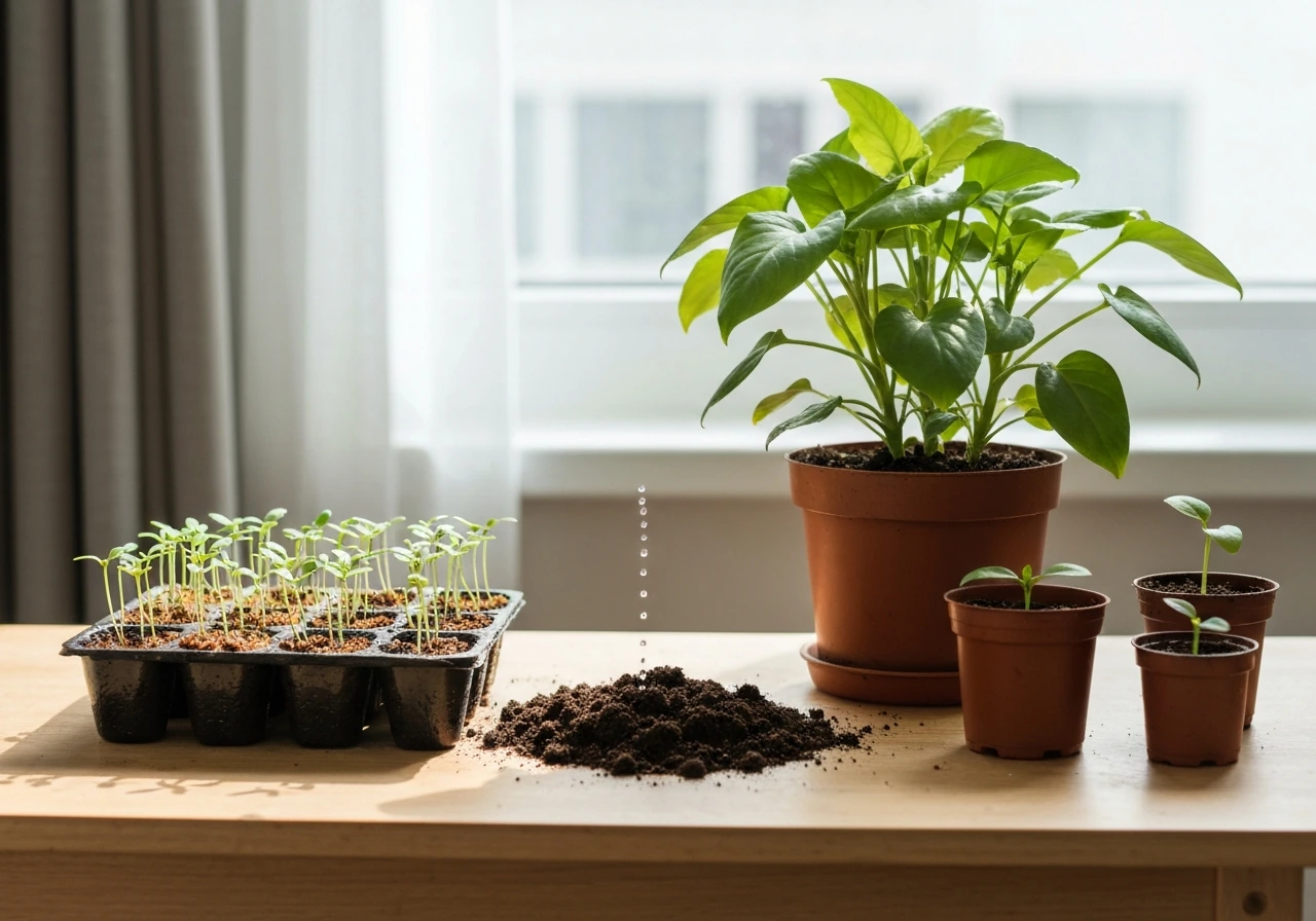 Bright indoor plant corner with seedlings and a leafy plant, soil visible and a watering can nearby.