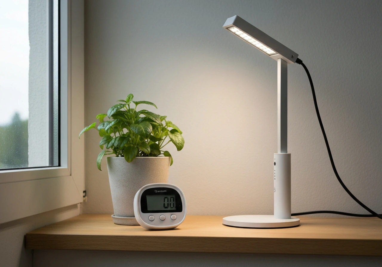 Small indoor plant under a grow light with a nearby thermostat/hygrometer sensor on a windowsill.