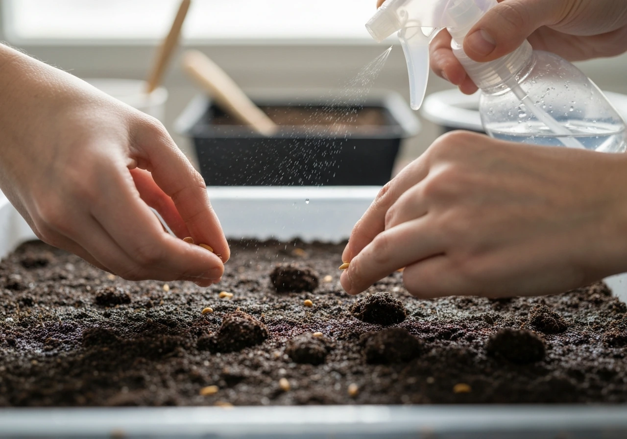 Hands sowing small seeds into damp sterile seed-starting mix, then misting gently with a spray bottle.