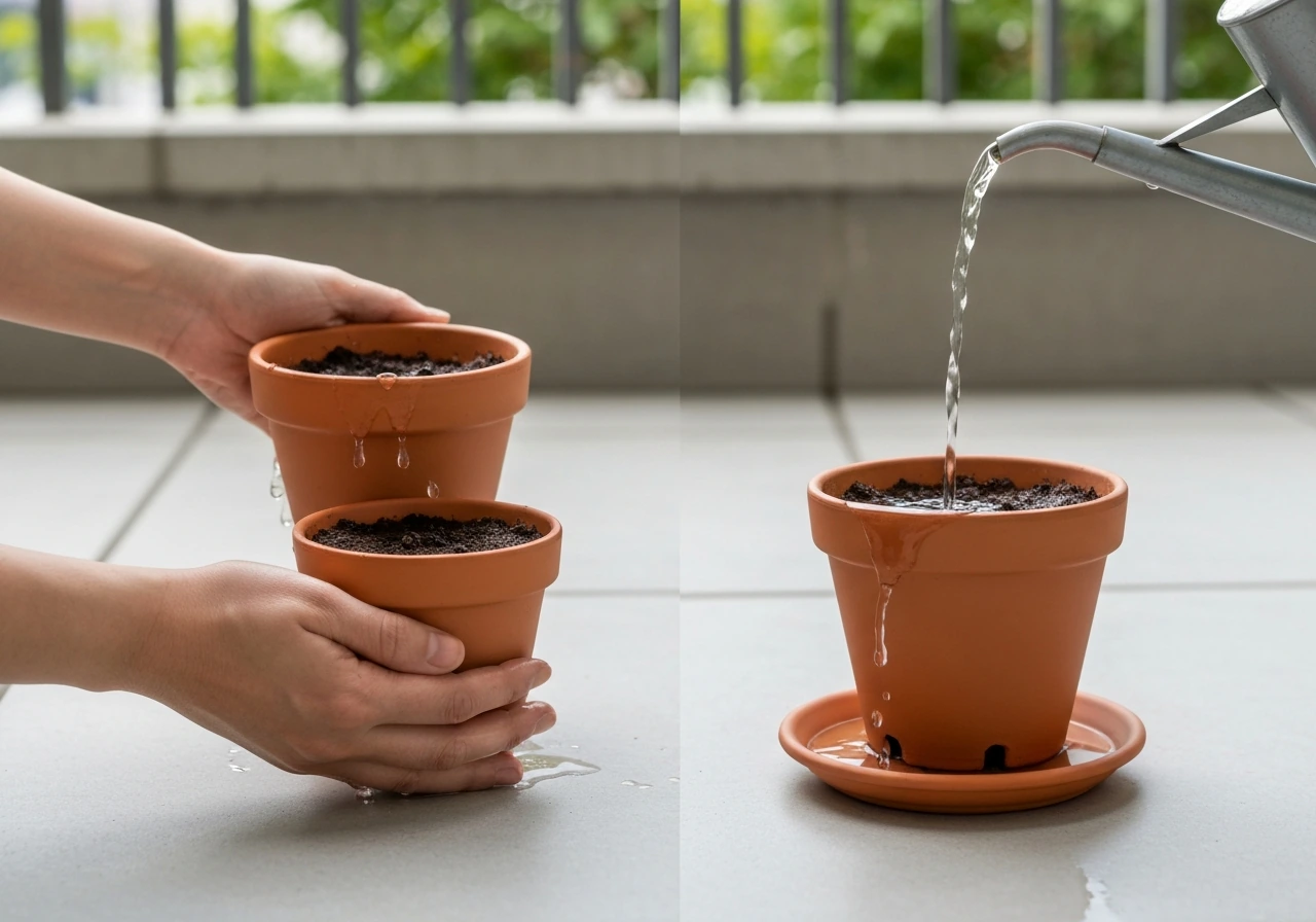 Hands lift a potted plant to judge weight, then water it until dark runoff drains from the bottom.