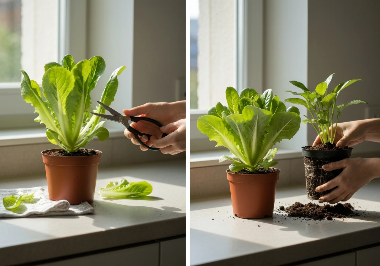 Hands harvest outer leaves with scissors and repot a leafy plant into a larger pot on a countertop.