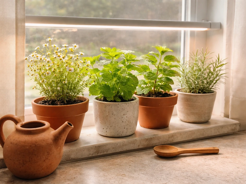 Medicinal herbs in pots on a sunny windowsill with a grow light softly glowing in the background.