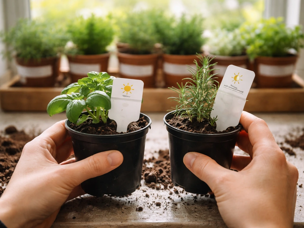 Anonymous hands at a nursery comparing herb pots for sun vs shade requirements on small care tags.