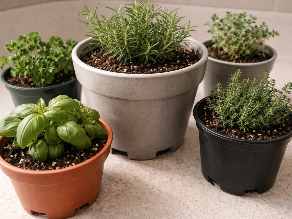 Small herb pots of different sizes on a countertop with drainage holes clearly visible.