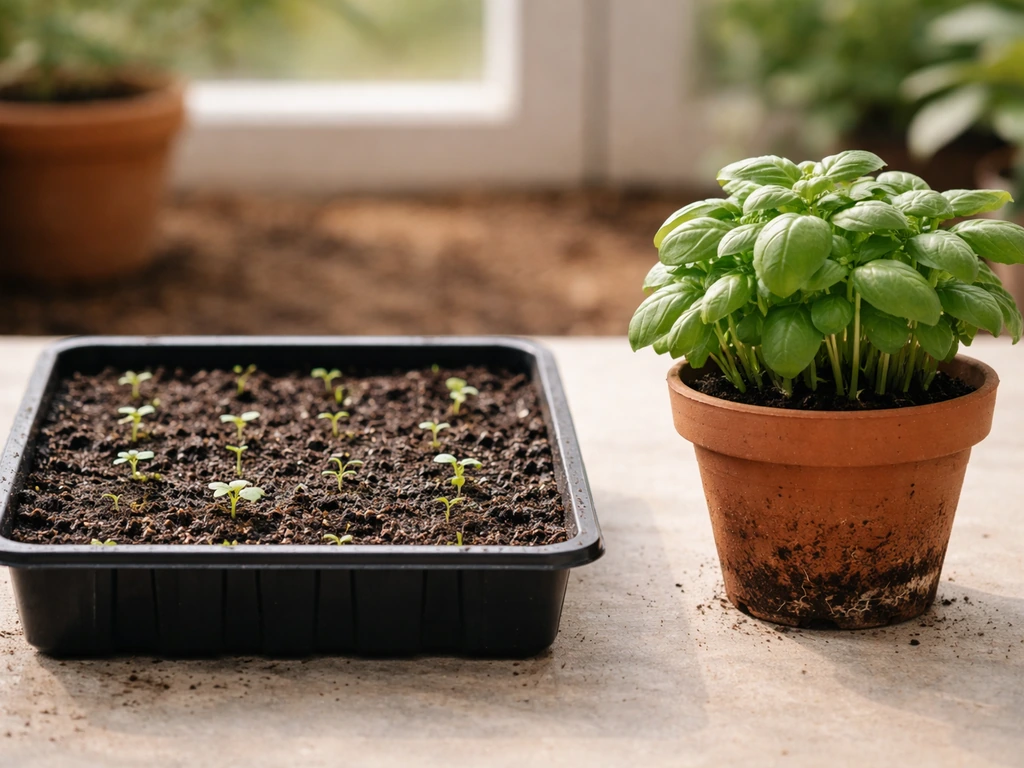 Seed tray with tiny sprouts beside a healthy green herb transplant in a small pot.