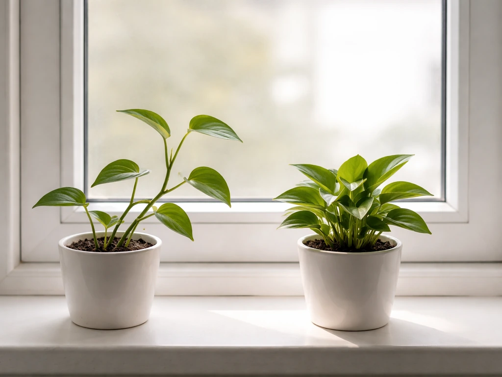 Two potted plants side by side: one leggy and reaching, the other compact in bright window light.