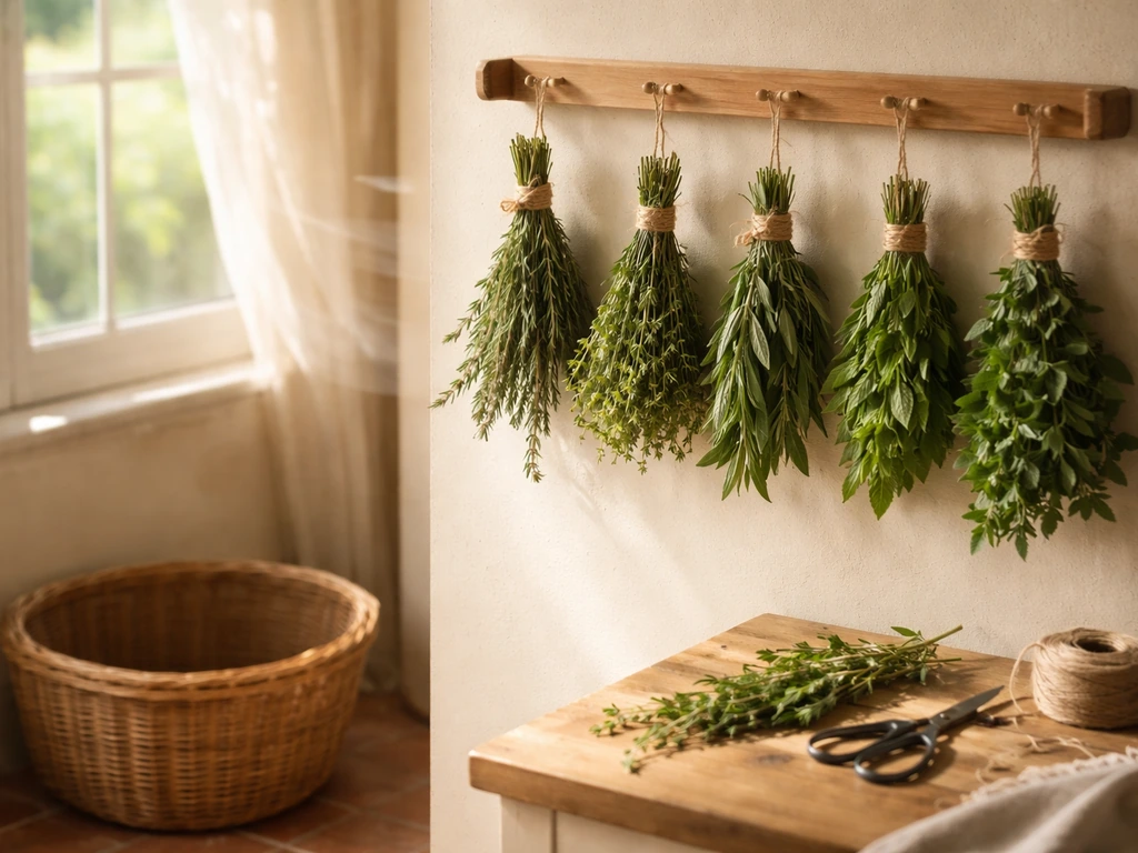 Bundles of herbs hanging upside down on a drying rack with a nearby basket ready for collection.