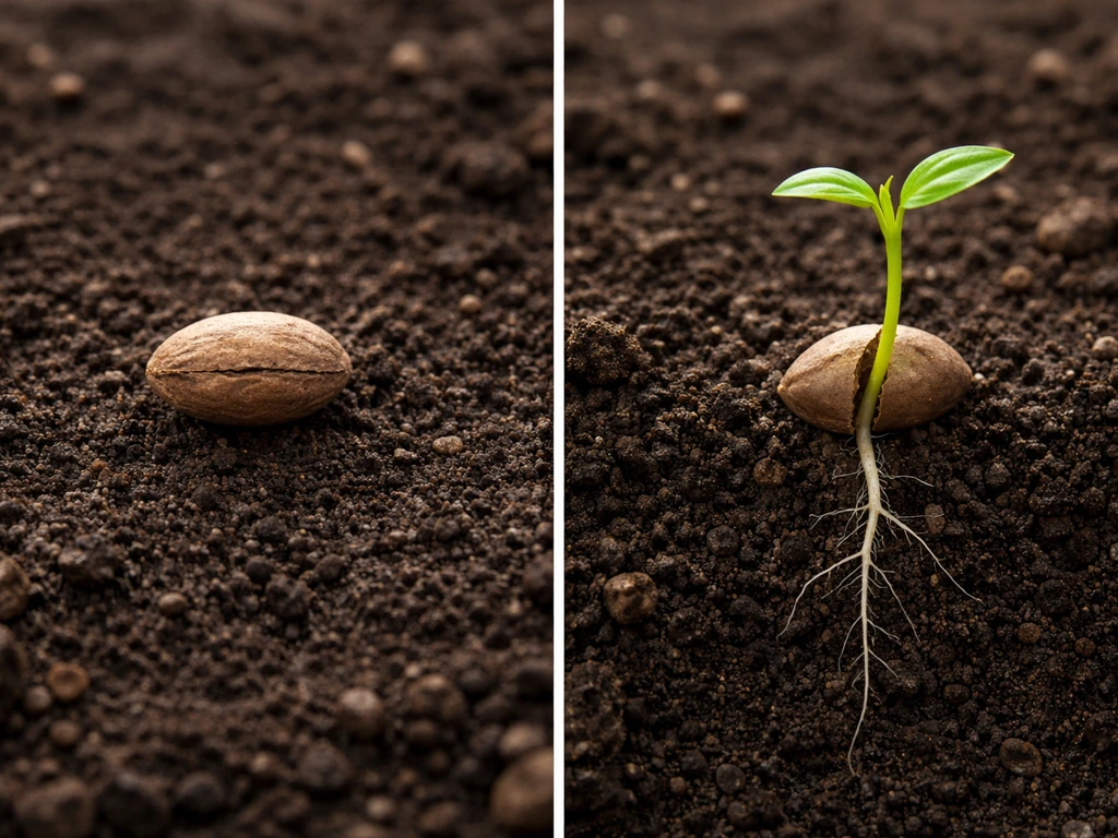 Seed cracking into a sprout, transitioning into a healthy young plant in simple soil setting.