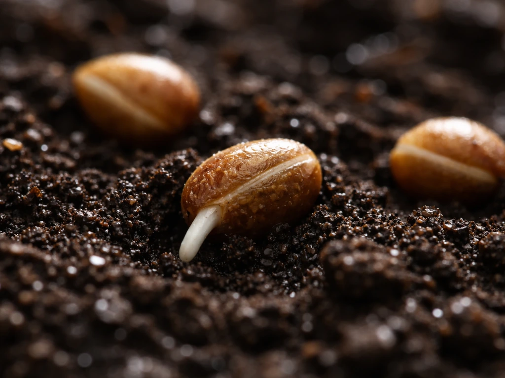 Close-up of a few germinating seeds with swollen coats and a tiny emerging radicle in moist soil.