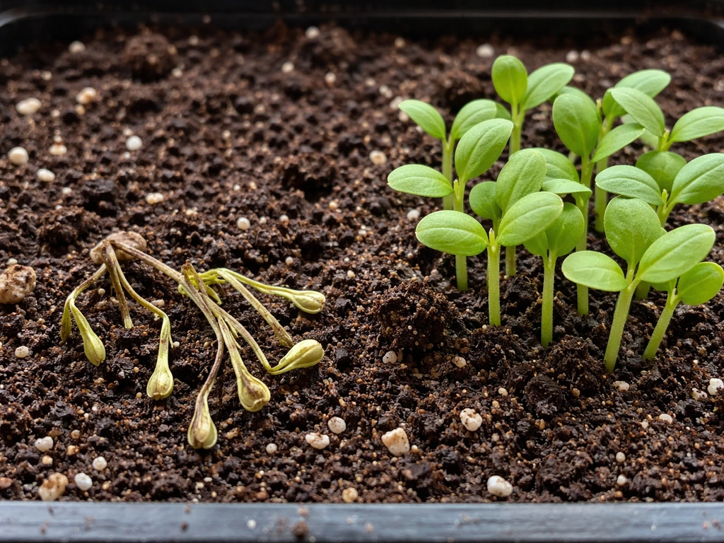 Wilting, collapsed seedlings at the soil line beside healthy upright seedlings in a seed tray.